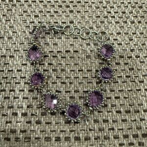 Purple Glass Beaded Chain Bracelet Adjustable Lobster Clasp Silver Tone 8in